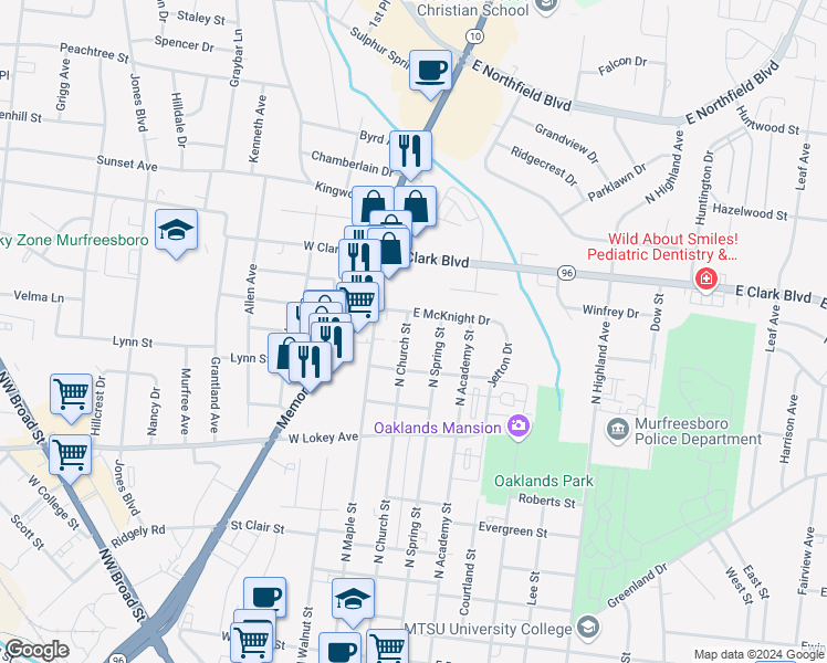 map of restaurants, bars, coffee shops, grocery stores, and more near 1203 Knox Street in Murfreesboro