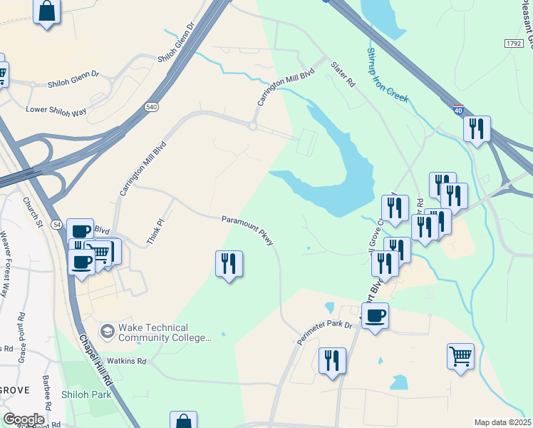 map of restaurants, bars, coffee shops, grocery stores, and more near 4000 Paramount Parkway in Morrisville
