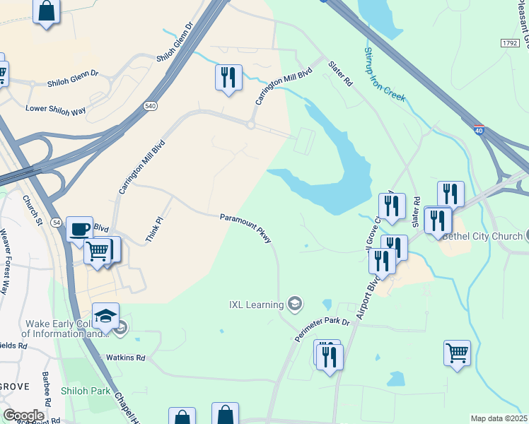 map of restaurants, bars, coffee shops, grocery stores, and more near 4000 Paramount Parkway in Morrisville
