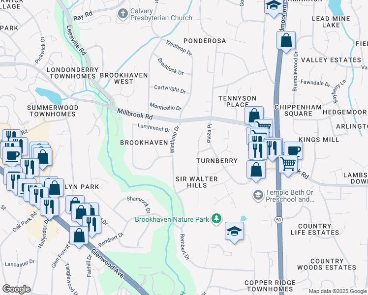 map of restaurants, bars, coffee shops, grocery stores, and more near 5801 Contour Drive in Raleigh