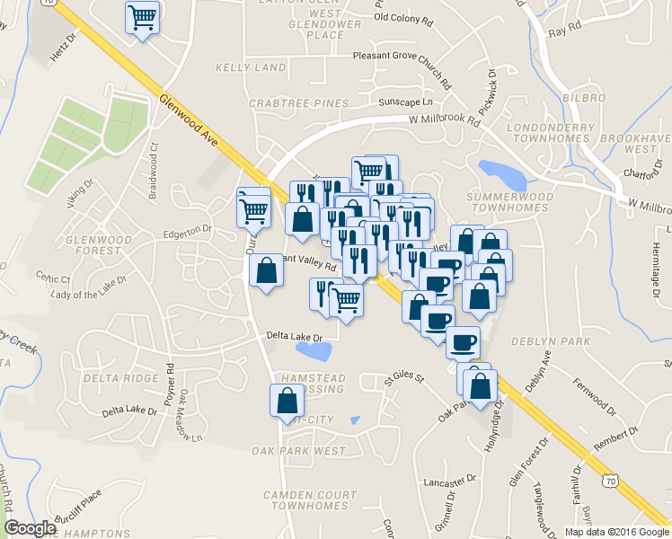 map of restaurants, bars, coffee shops, grocery stores, and more near 4317 Pleasant Valley Road in Raleigh
