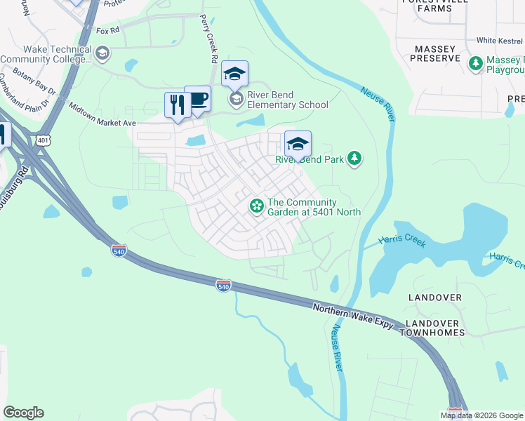 map of restaurants, bars, coffee shops, grocery stores, and more near 6400 Perry Creek Road in Raleigh