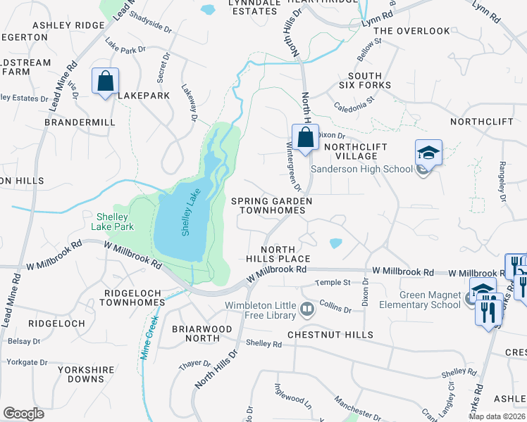 map of restaurants, bars, coffee shops, grocery stores, and more near 1314 Garden Crest Circle in Raleigh