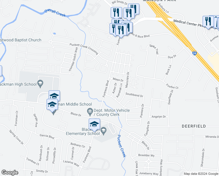 map of restaurants, bars, coffee shops, grocery stores, and more near 832 Blackfoot Tr in Murfreesboro