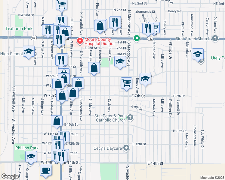 map of restaurants, bars, coffee shops, grocery stores, and more near 624 East 7th Street in Dumas