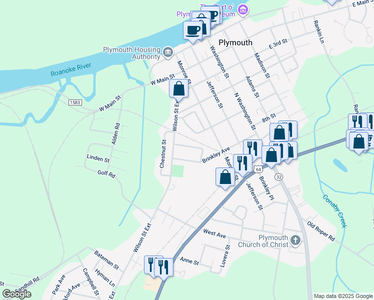 map of restaurants, bars, coffee shops, grocery stores, and more near Carolina Avenue in Plymouth