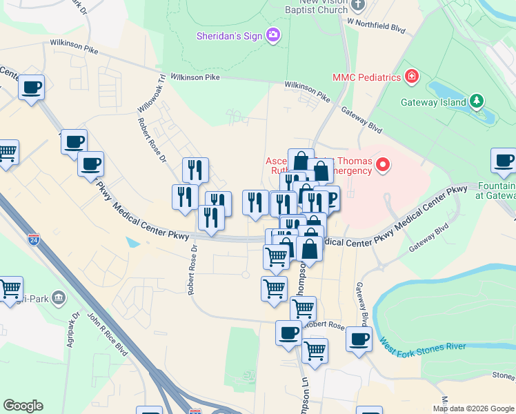 map of restaurants, bars, coffee shops, grocery stores, and more near 2130 Medical Center Parkway in Murfreesboro