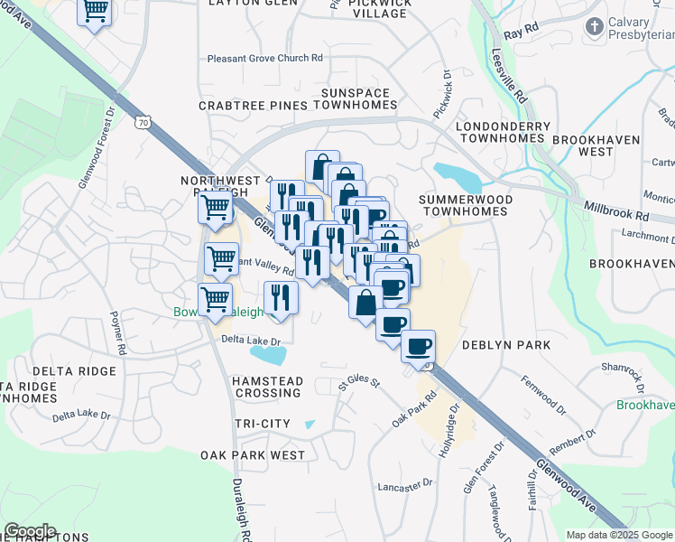 map of restaurants, bars, coffee shops, grocery stores, and more near 6508 Glenwood Avenue in Raleigh