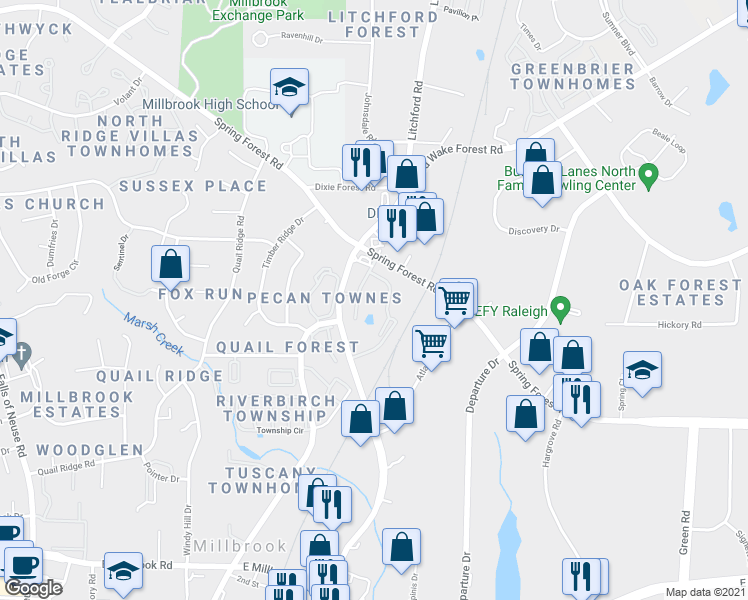 map of restaurants, bars, coffee shops, grocery stores, and more near 5410 Reunion Point in Raleigh