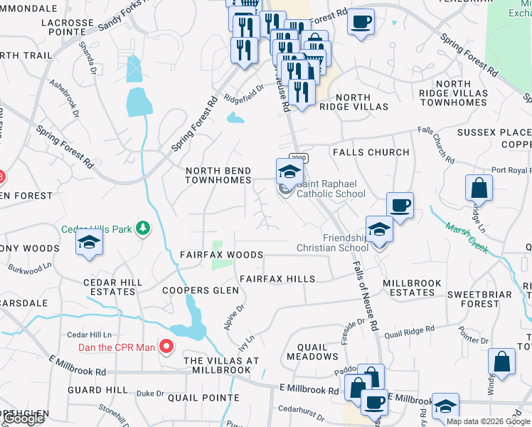 map of restaurants, bars, coffee shops, grocery stores, and more near 1202 Deptford Court in Raleigh