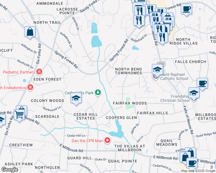 map of restaurants, bars, coffee shops, grocery stores, and more near 5803 Branchwood Road in Raleigh