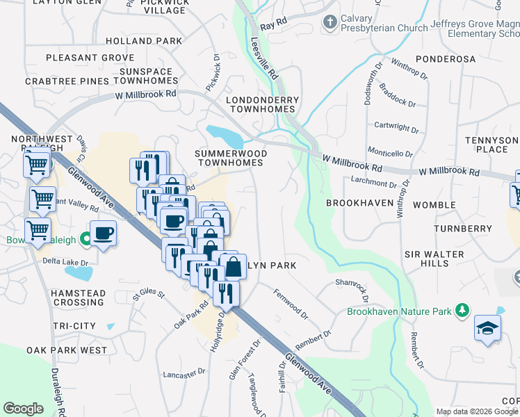 map of restaurants, bars, coffee shops, grocery stores, and more near 5801 Deblyn Avenue in Raleigh