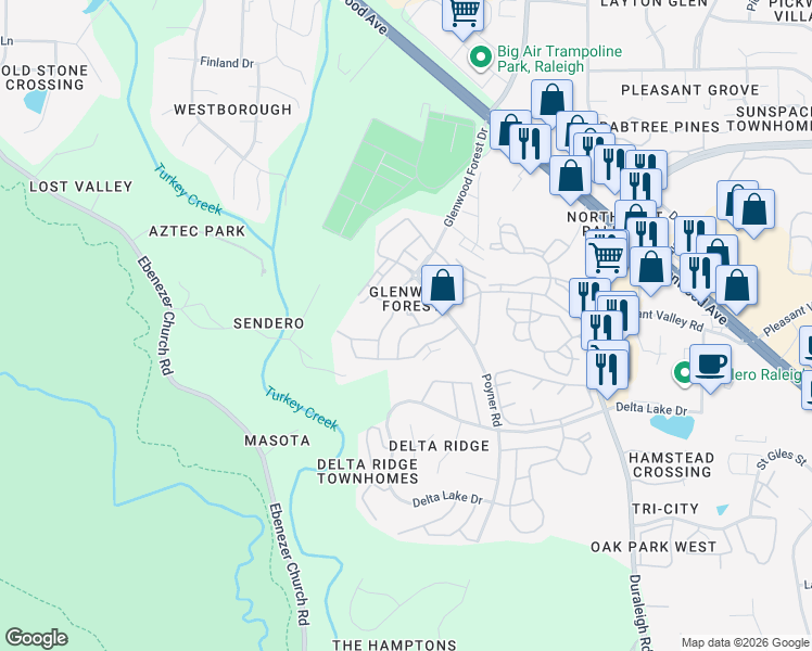 map of restaurants, bars, coffee shops, grocery stores, and more near 5025 Amber Clay Lane in Raleigh