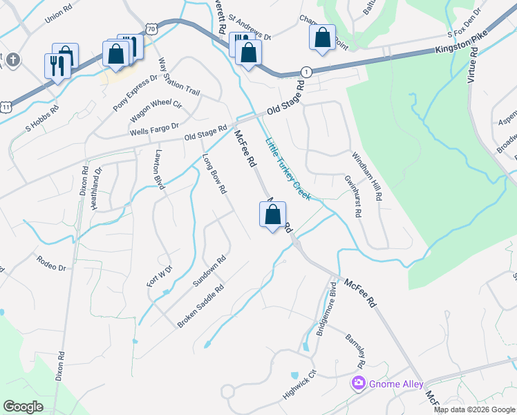 map of restaurants, bars, coffee shops, grocery stores, and more near 308 Long Bow Road in Knoxville