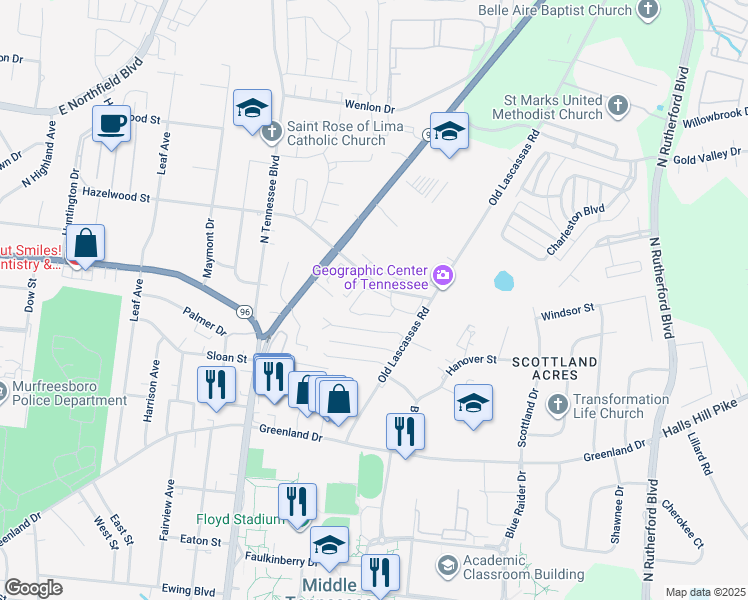 map of restaurants, bars, coffee shops, grocery stores, and more near 1350 Hazelwood Street in Murfreesboro