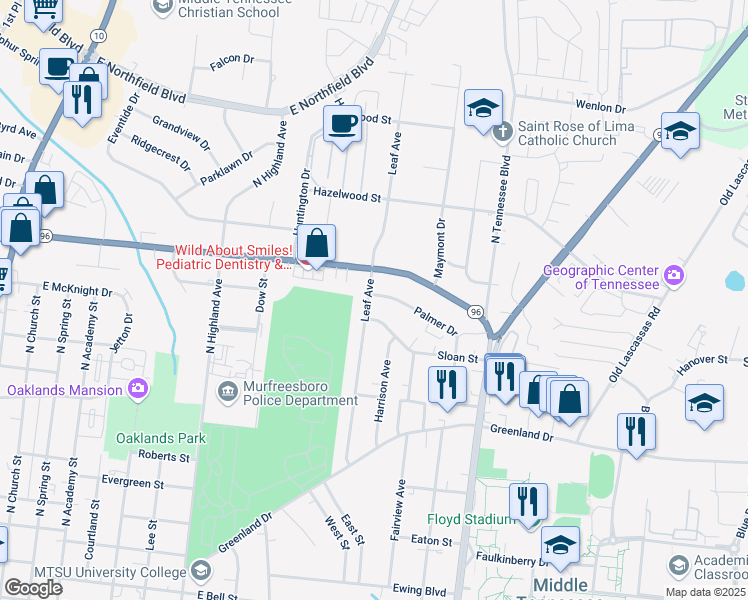 map of restaurants, bars, coffee shops, grocery stores, and more near 902 Palmer Drive in Murfreesboro