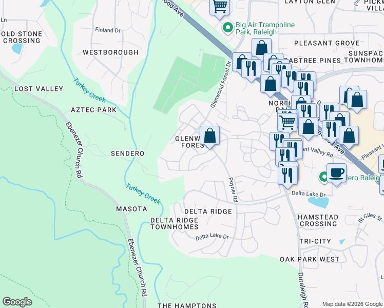 map of restaurants, bars, coffee shops, grocery stores, and more near 5025 Amber Clay Lane in Raleigh