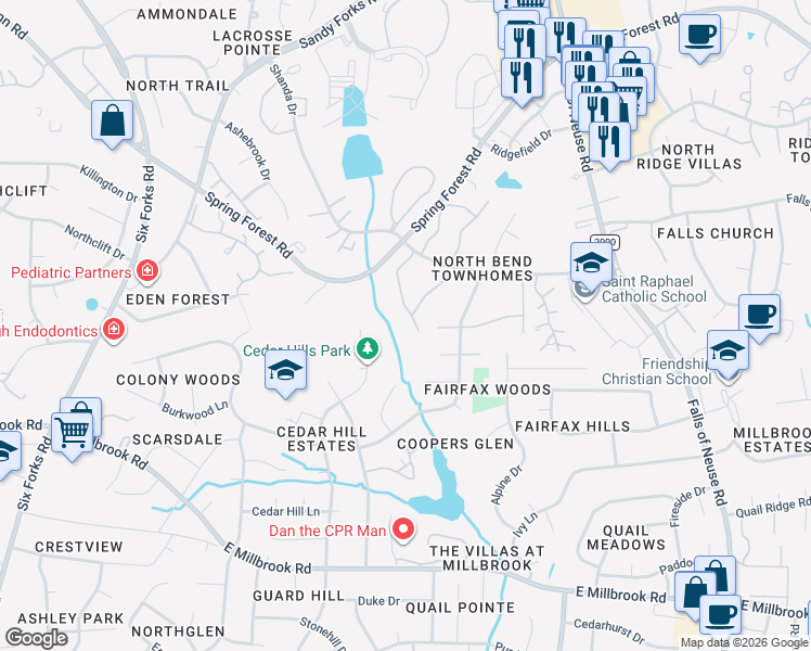 map of restaurants, bars, coffee shops, grocery stores, and more near 5803 Branchwood Road in Raleigh