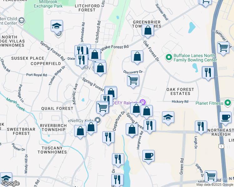 map of restaurants, bars, coffee shops, grocery stores, and more near 2621 Spring Forest Road in Raleigh