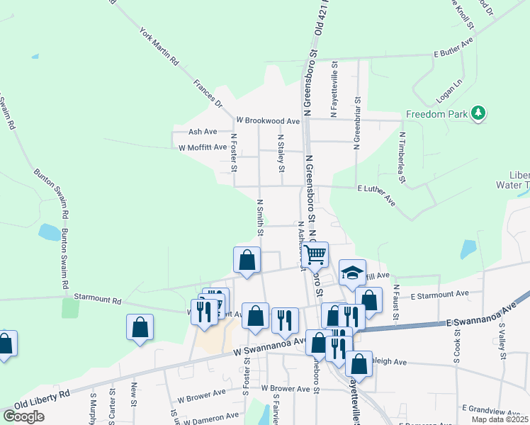 map of restaurants, bars, coffee shops, grocery stores, and more near 232 West Vance Avenue in Liberty