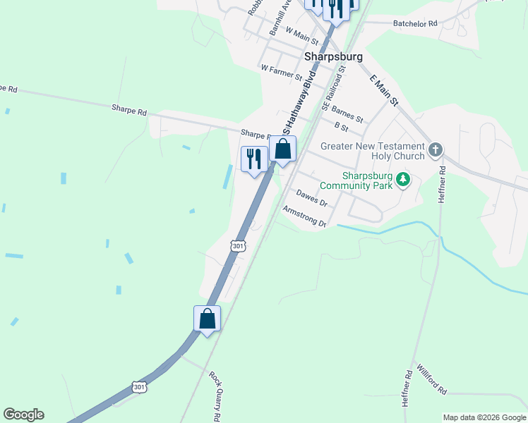 map of restaurants, bars, coffee shops, grocery stores, and more near 4331 South Hathaway Boulevard in Rocky Mount