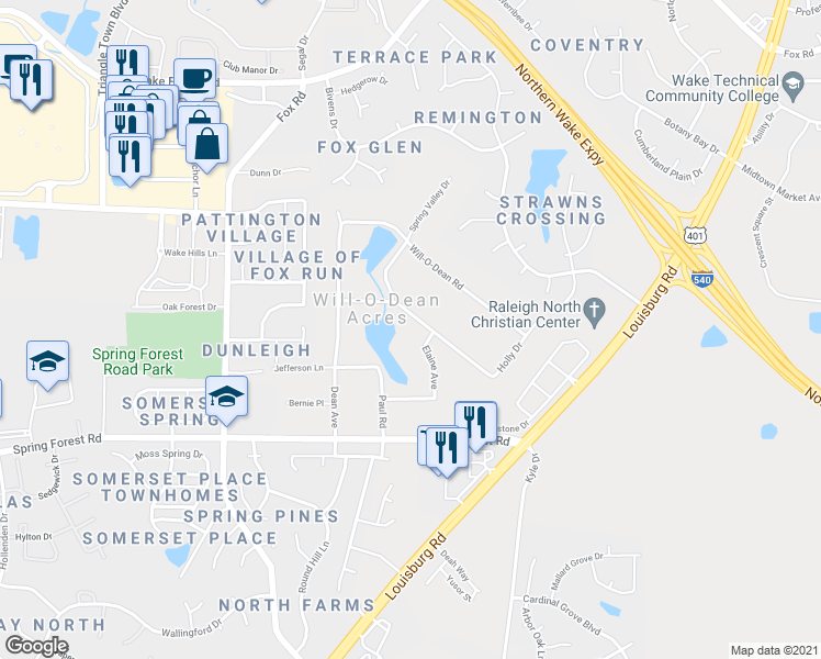 map of restaurants, bars, coffee shops, grocery stores, and more near 5021 Elaine Avenue in Raleigh