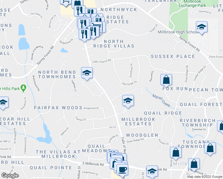 map of restaurants, bars, coffee shops, grocery stores, and more near 5602 Falls of Neuse Road in Raleigh