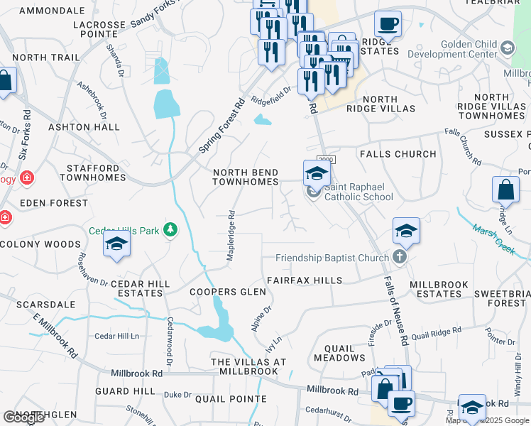 map of restaurants, bars, coffee shops, grocery stores, and more near 838 Green Ridge Drive in Raleigh