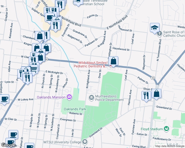 map of restaurants, bars, coffee shops, grocery stores, and more near 511 Highland Terrace in Murfreesboro