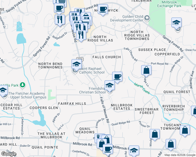 map of restaurants, bars, coffee shops, grocery stores, and more near 5602 Falls of Neuse Road in Raleigh