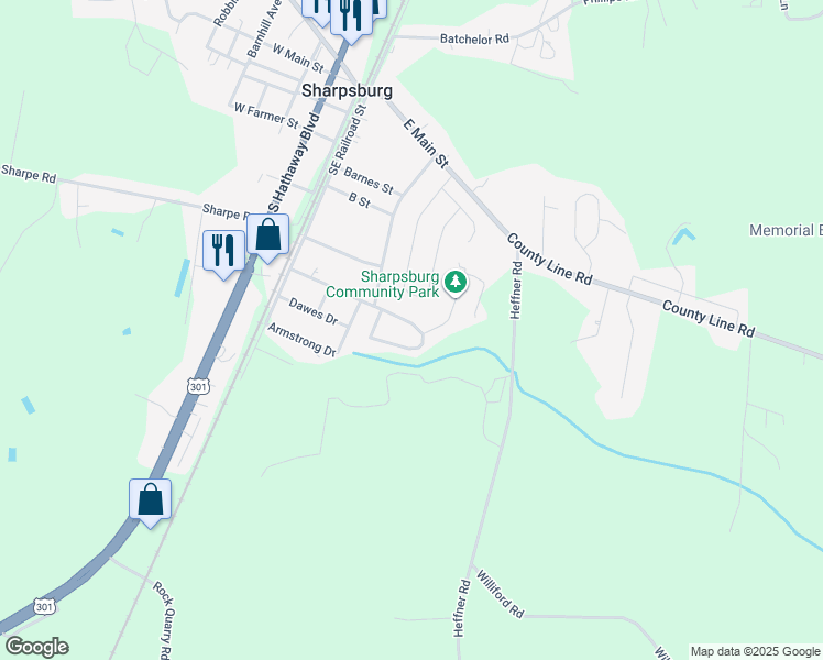 map of restaurants, bars, coffee shops, grocery stores, and more near 446 Kasey Circle in Sharpsburg