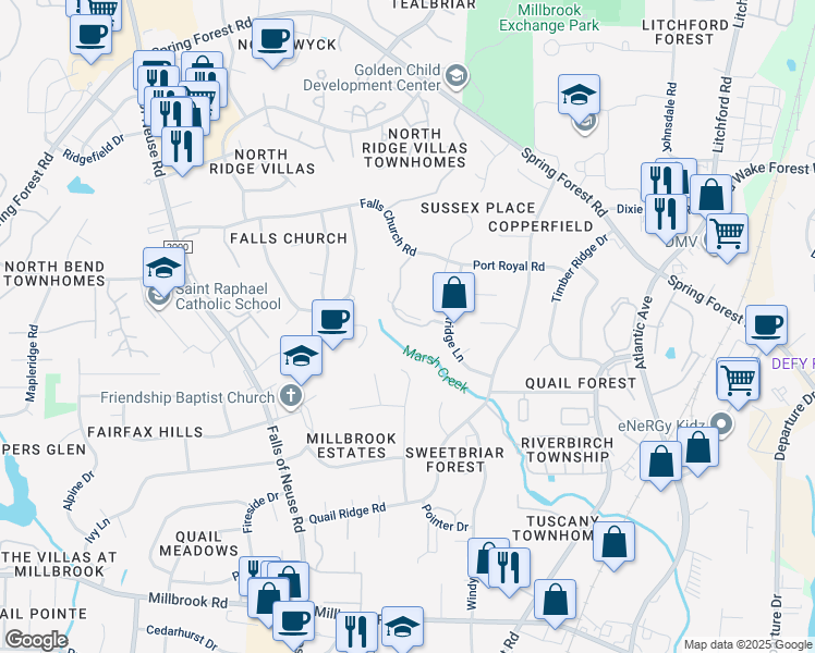 map of restaurants, bars, coffee shops, grocery stores, and more near 5721 Sentinel Drive in Raleigh