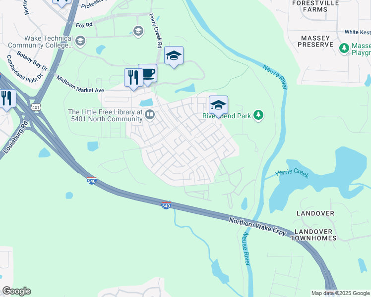 map of restaurants, bars, coffee shops, grocery stores, and more near 5323 Cultivation Lane in Raleigh