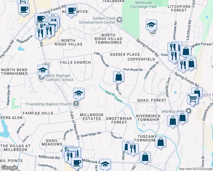 map of restaurants, bars, coffee shops, grocery stores, and more near 5721 Sentinel Drive in Raleigh