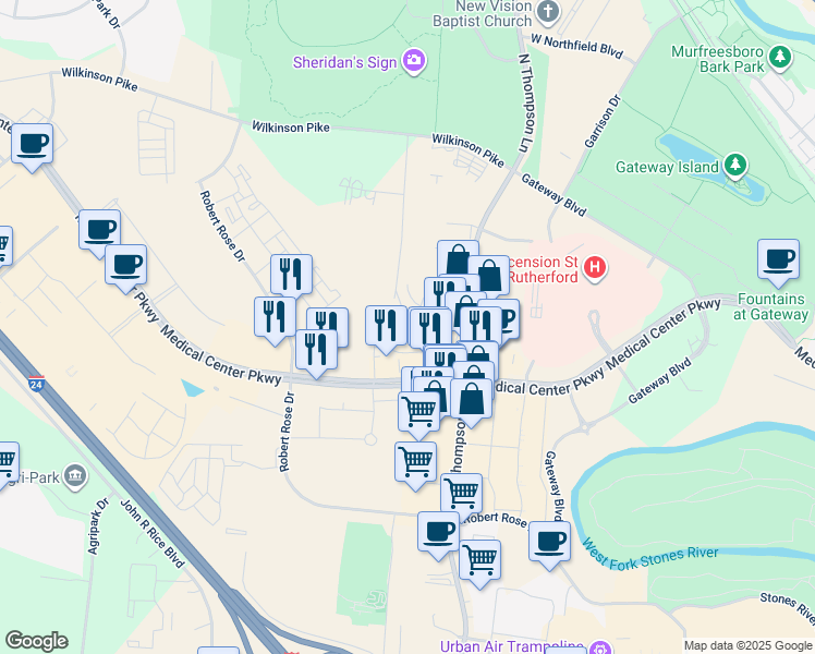 map of restaurants, bars, coffee shops, grocery stores, and more near 2130 Medical Center Parkway in Murfreesboro
