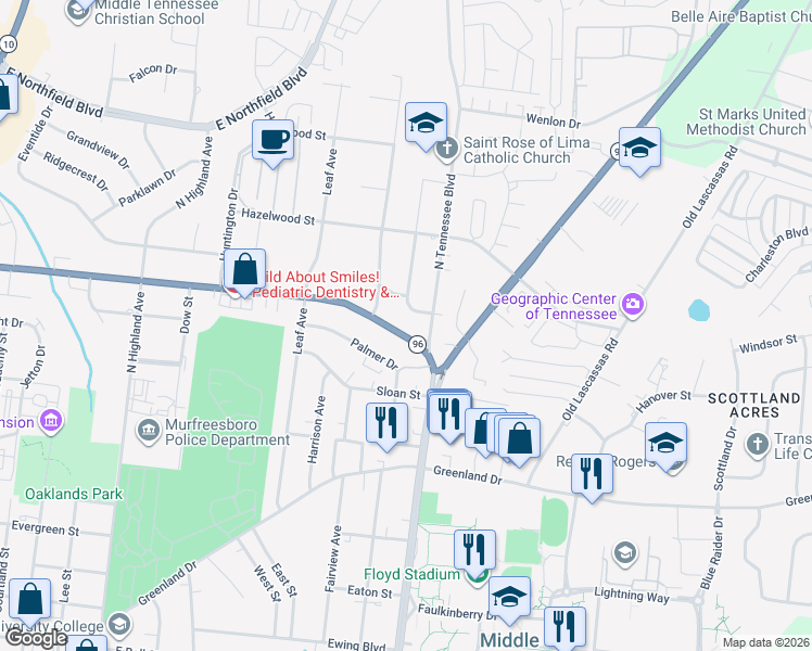 map of restaurants, bars, coffee shops, grocery stores, and more near 1130 East Clark Boulevard in Murfreesboro