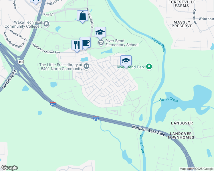 map of restaurants, bars, coffee shops, grocery stores, and more near 5323 Cultivation Lane in Raleigh