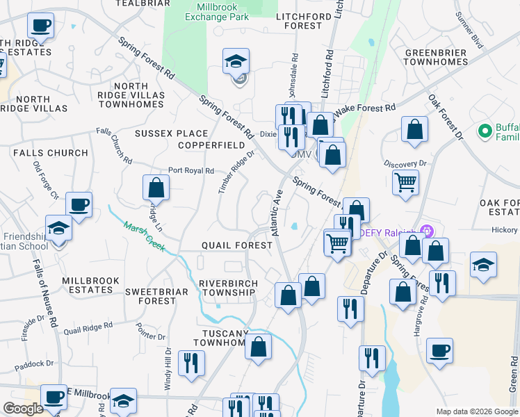 map of restaurants, bars, coffee shops, grocery stores, and more near 5881 Shady Grove Circle in Raleigh