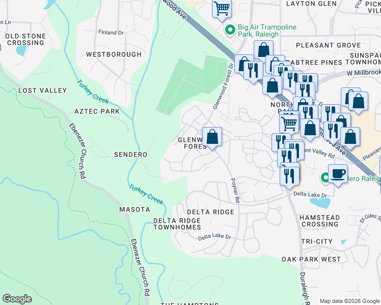 map of restaurants, bars, coffee shops, grocery stores, and more near 5025 Amber Clay Lane in Raleigh