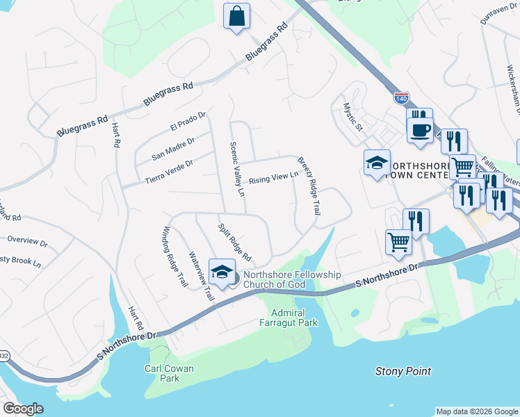 map of restaurants, bars, coffee shops, grocery stores, and more near 1701 Winding Ridge Trail in Knoxville