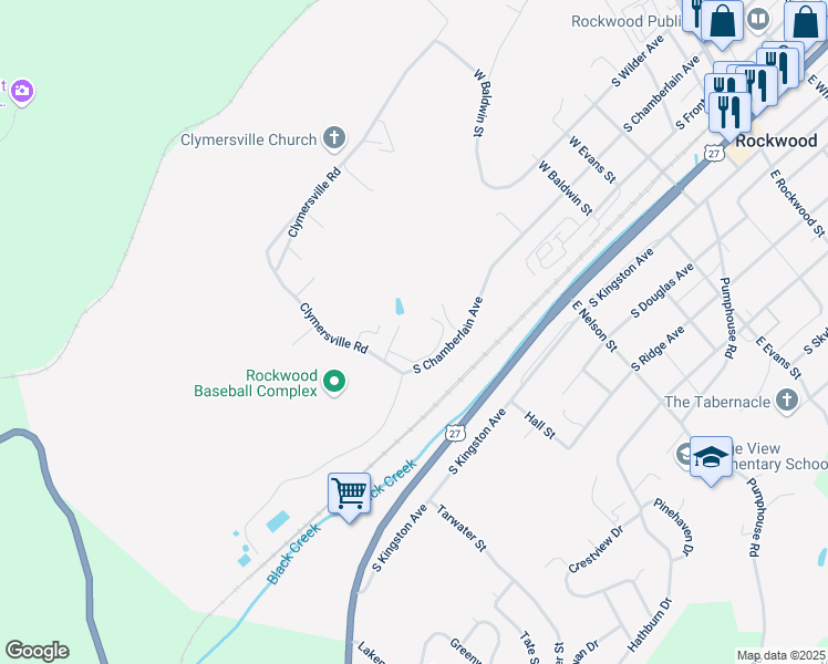 map of restaurants, bars, coffee shops, grocery stores, and more near 601 South Chamberlain Avenue in Rockwood