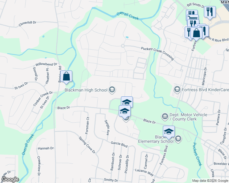 map of restaurants, bars, coffee shops, grocery stores, and more near 3956 Blaze Drive in Murfreesboro