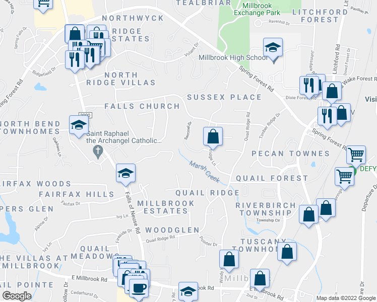 map of restaurants, bars, coffee shops, grocery stores, and more near 5725 Sentinel Drive in Raleigh