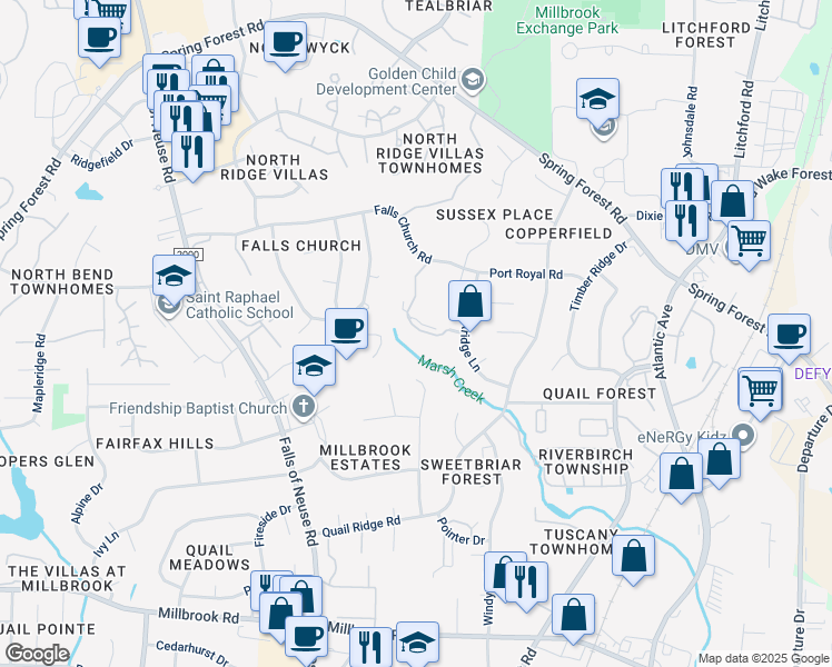 map of restaurants, bars, coffee shops, grocery stores, and more near 5725 Sentinel Drive in Raleigh