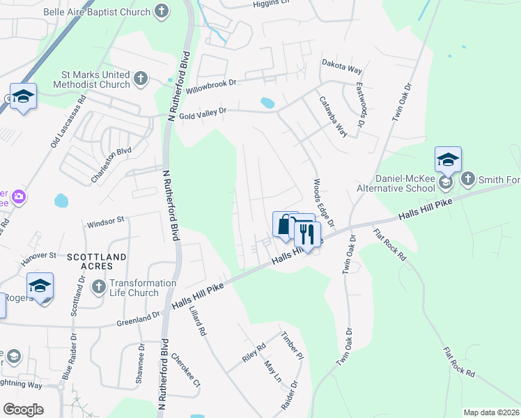map of restaurants, bars, coffee shops, grocery stores, and more near 1402 Destiny Drive in Murfreesboro