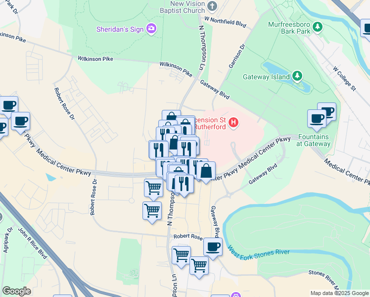 map of restaurants, bars, coffee shops, grocery stores, and more near 804 North Thompson Lane in Murfreesboro