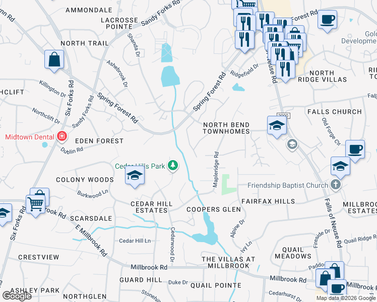 map of restaurants, bars, coffee shops, grocery stores, and more near 5819 Branchwood Road in Raleigh