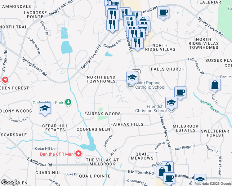 map of restaurants, bars, coffee shops, grocery stores, and more near 1102 Cotswold Court in Raleigh