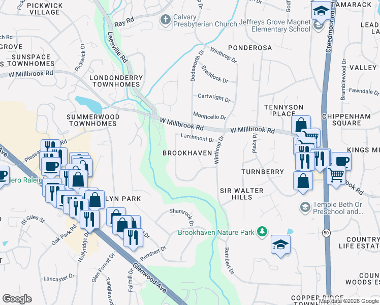 map of restaurants, bars, coffee shops, grocery stores, and more near 5805 Chelsea Place in Raleigh