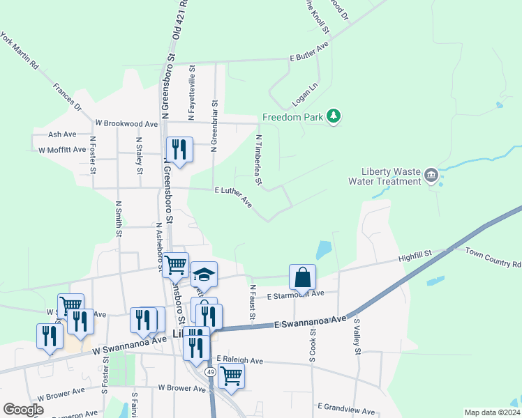 map of restaurants, bars, coffee shops, grocery stores, and more near 414 East Luther Avenue in Liberty